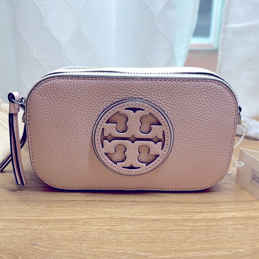 AUTH NWT Tory Burch Mini Miller Logo Smooth Leather CrossBody Bag-Pink Plie~NEW